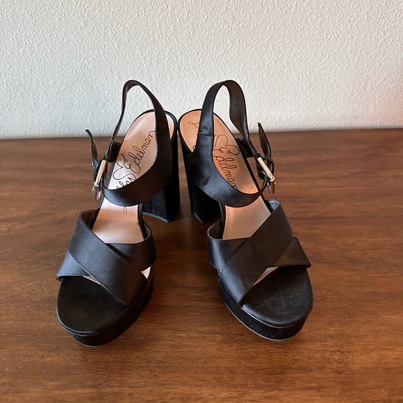 Lily Edelman Satin Platform Heels With Satin Cross Over Straps and Buckle - Picture 2 of 5